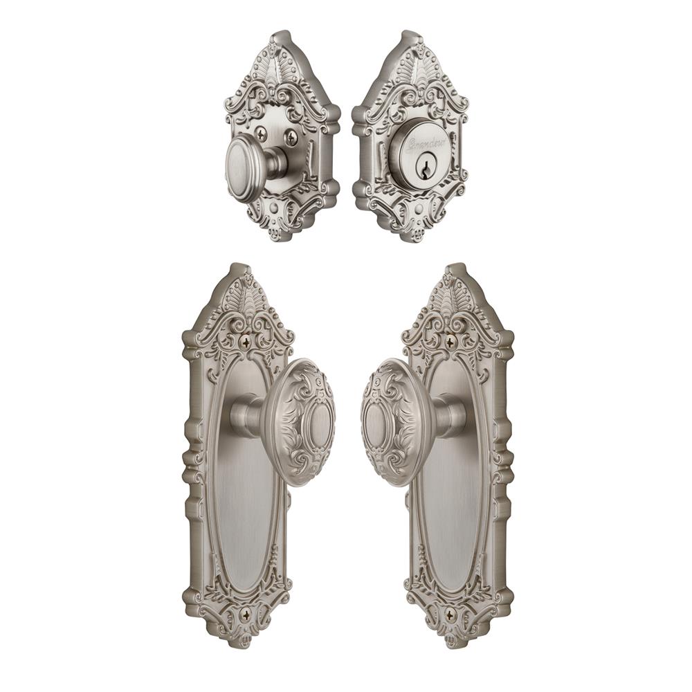 Grandeur by Nostalgic Warehouse Single Cylinder Combo Pack Keyed Differently - Grande Victorian Plate with Grande Victorian Knob and Matching Deadbolt in Satin Nickel